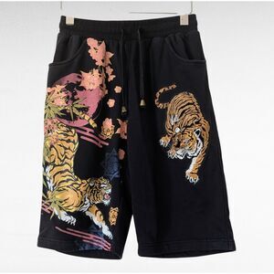 Men’s Japanese Tiger Sakura Graphic Shorts Embroidered Streetwear